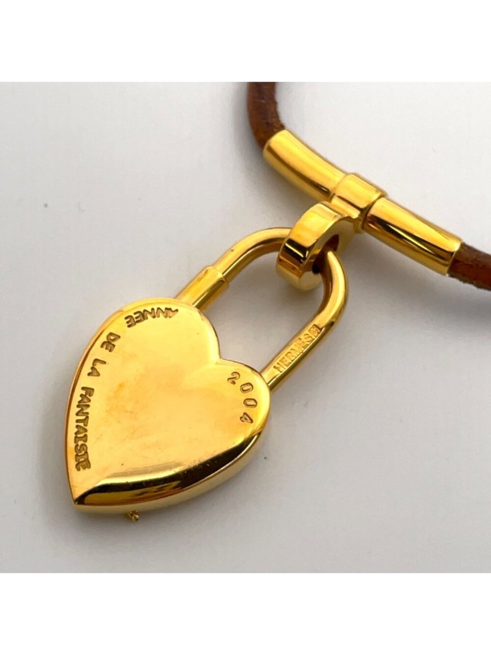 Hermes Fantasy Heart Cadena Choker Leather Metal Gold Brown Bracelet Bangle